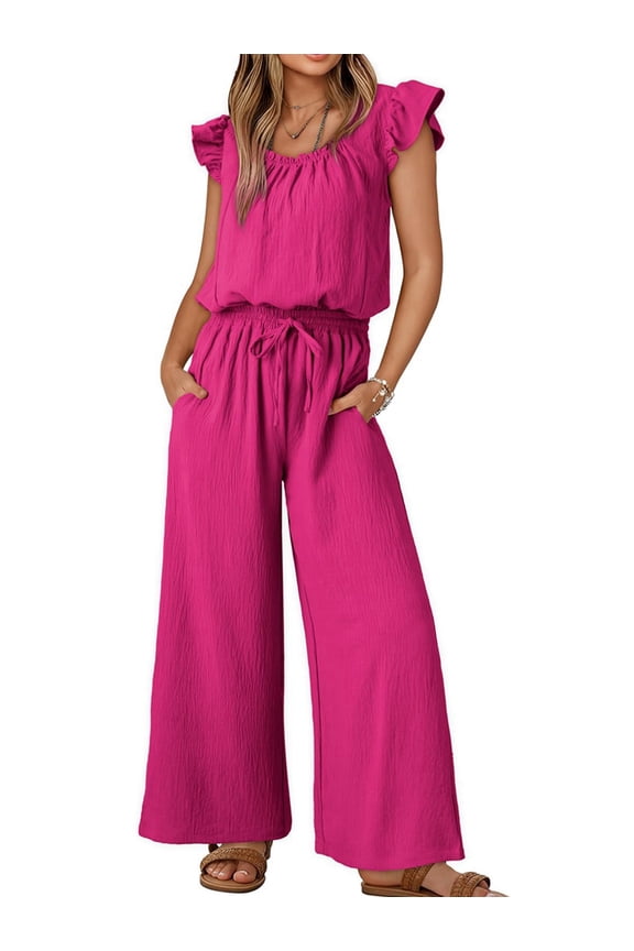 Jumpsuits for Women Summer Ruffle Sleeves Square Neck Rompers Drawstring Overalls with Pockets Rose Red M