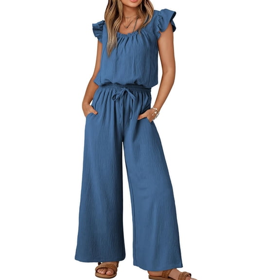Jumpsuits for Women Summer Ruffle Sleeves Square Neck Rompers Drawstring Overalls with Pockets Royal Blue XXL