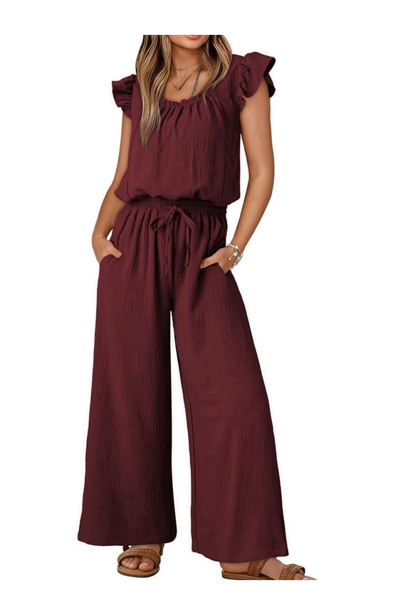 Jumpsuits for Women Summer Ruffle Sleeves Square Neck Rompers Drawstring Overalls with Pockets Wine Red M