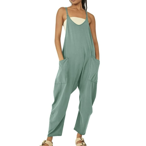 Jumpsuits for Women Summer Sleeveless Spaghetti Strap Baggy Solid Long Romper Dressy Casual Stretchy Loose Overalls with Pockets