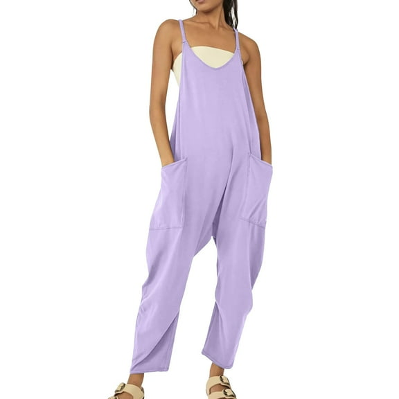 Jumpsuits for Women Summer Sleeveless Spaghetti Strap Baggy Solid Long Romper Dressy Casual Stretchy Loose Overalls with Pockets