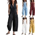 thumbnail image 1 of Jumpsuits for Women Wide Leg Casual Sleeveless V Neck Button Front Linen Jumpsuits Loose Fit Rompers Jumpers Summer Work Party Outfit Black XXL, 1 of 5