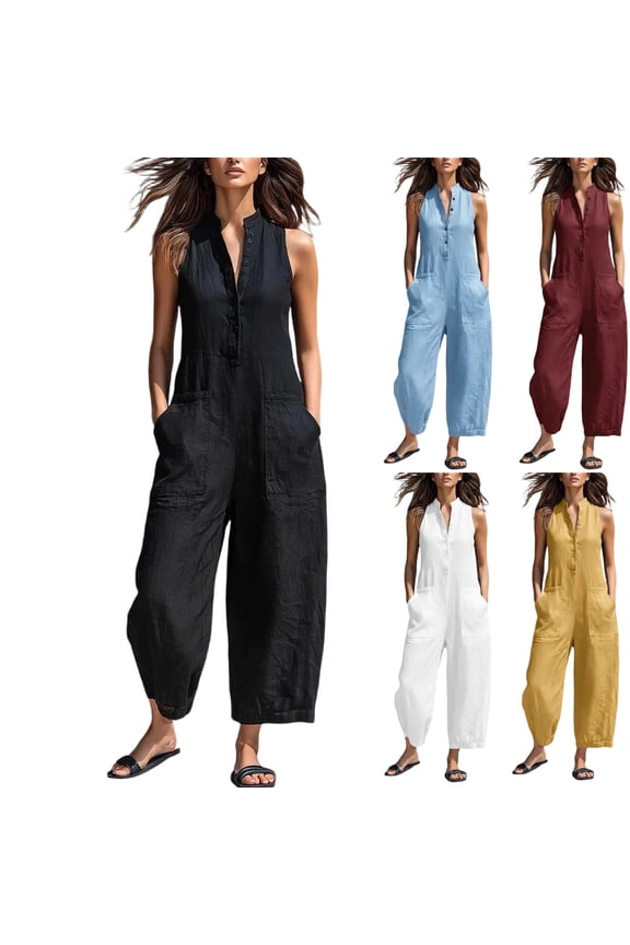 Jumpsuits for Women Wide Leg Casual Sleeveless V Neck Button Front Linen Jumpsuits Loose Fit Rompers Jumpers Summer Work Party Outfit Black XXL