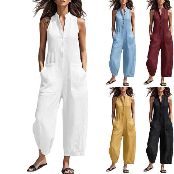 Jumpsuits for Women Wide Leg Dressy Casual Sleeveless V Neck Half Button Up Linen Jumpsuits Loose Fit Jumpsuit Romper Summer Vacation Outfit White M