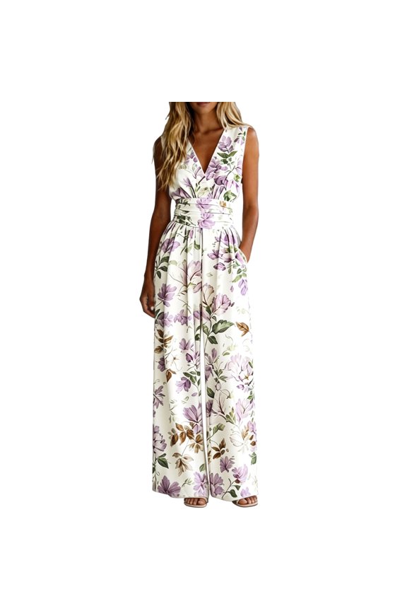 Jumpsuits for Women Wide Leg Rompers V Neck Summer Boho Pleated Ruffle Sleeveless Casual High Waisted Jumpers With Pockects