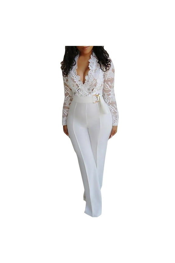 Jumpsuits for Women Women'S Fashion Sexy Jumpsuit Deep V Neck Lace Stitching Jumpsuit Trousers Plus Size Jumpsuits for Women Polyester White 2Xl