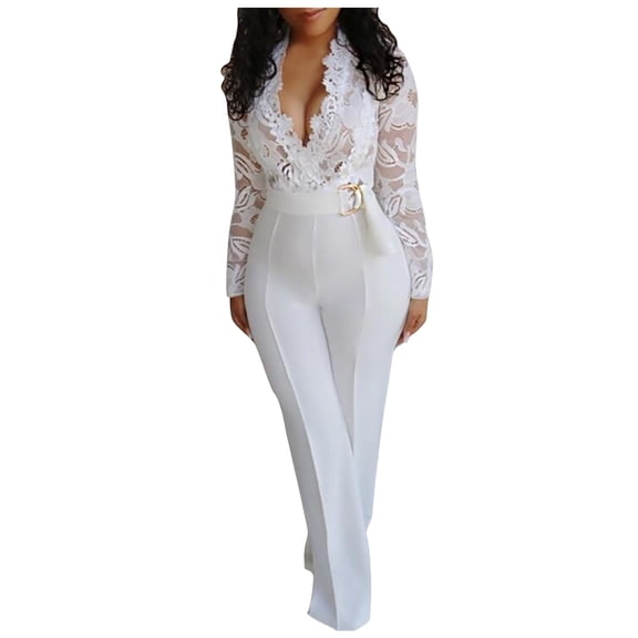 Jumpsuits for Women Women'S Fashion Sexy Jumpsuit Deep V Neck Lace Stitching Jumpsuit Trousers Plus Size Jumpsuits for Women Polyester White M