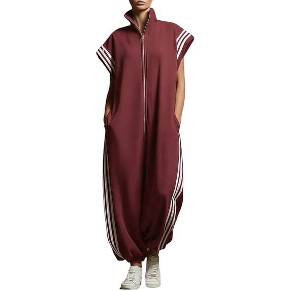 Jumpsuits for Women Workwear Romper Stripe Zipper Casual Stand Collar Short Sleeve Wide Leg Jumpsuit Loose Elastic Cuffed Jogger One Piece Jumpsuit