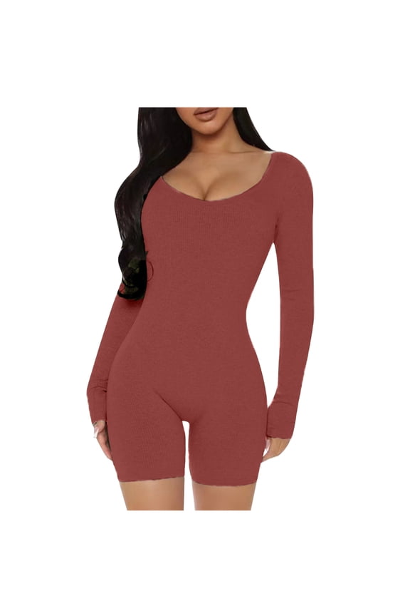 Jumpsuits for Women Yoga Long Sleeve Scoop Neck Ribbed Workout Sport Slim Fit Jumpsuit Catsuit Bodysuit for Women