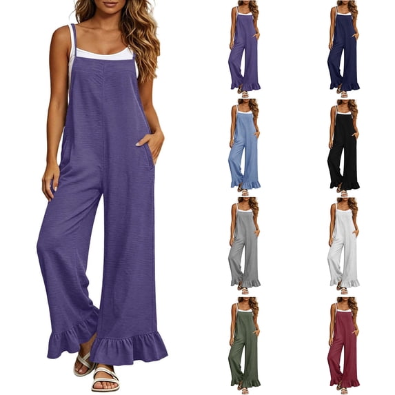 Jumpsuits for Women Zaewscy Women's Fashion Trend Solid Color Casual Loose Wide Leg Pants Adjustable Straps Jumpsuit Purple L
