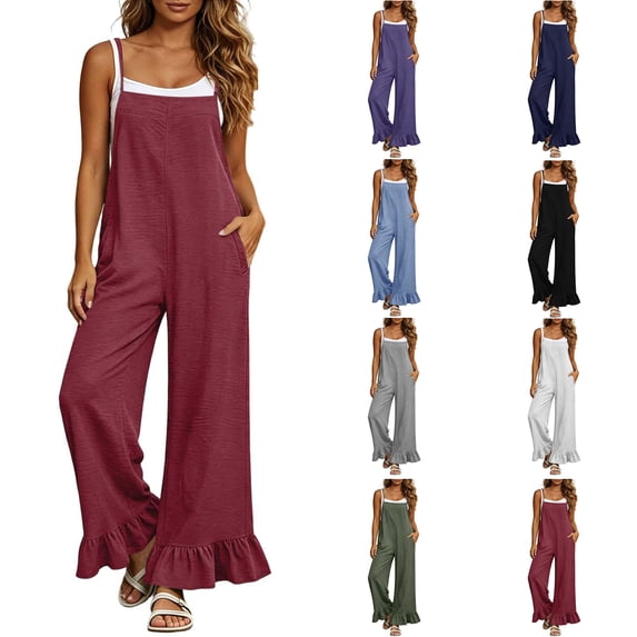 Jumpsuits for Women Zaewscy Women's Fashion Trend Solid Color Casual Loose Wide Leg Pants Adjustable Straps Jumpsuit Red L