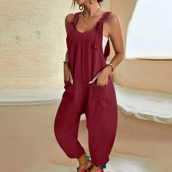 Jumpsuits for Women's Plus Size Dressy Fashion Summer Solid Color Casual Sleeveless Suspender Jumpsuit Up to 65% off