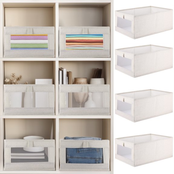 JunJuxs 4 Pack Foldable Linen Closet Organizers With Clear Window For Clothing Storage