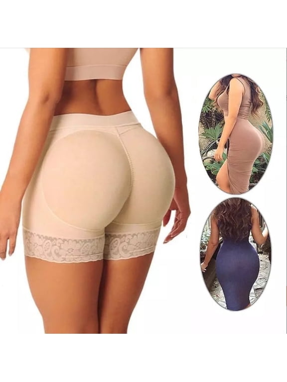 2Packs Womens Seamless Butt Lifter Padded Lace Panties Enhancer Underwear (Black+Beige)