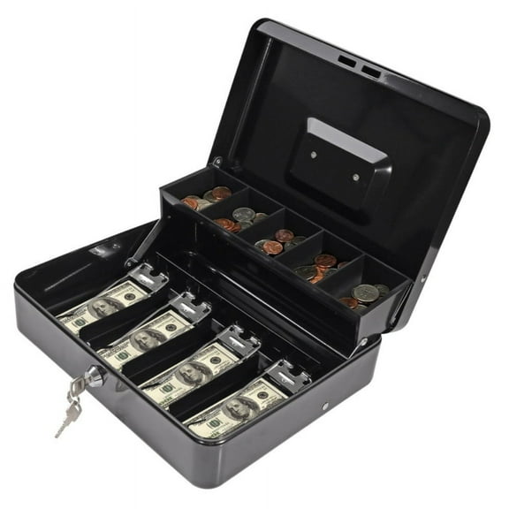 JunMu Locking Cash Box with Lock,XL Large Money Box with Cash Tray,Lock Safe Box with Key,Money Saving Organizer,11.81Lx 9.45Wx 3.54H Inches