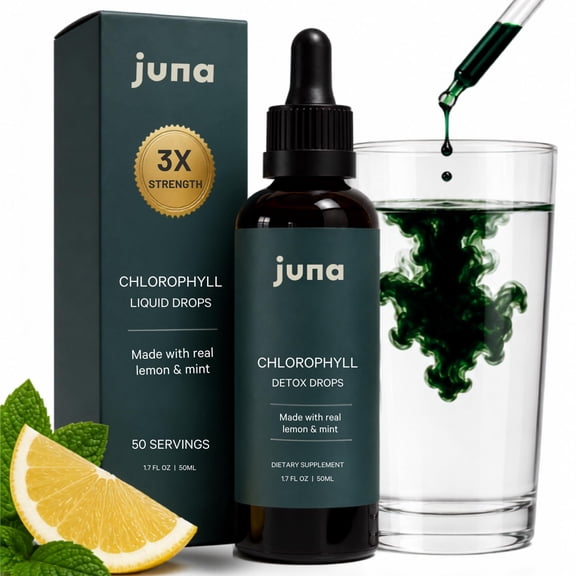 Juna Liquid Chlorophyll Drops Daily Detox , Cellular Vitality, Internal Deodorizer | 3X Strength | Made with Real Lemon + Mint | Sugar-Free, Zero Fillers, Alcohol-Free