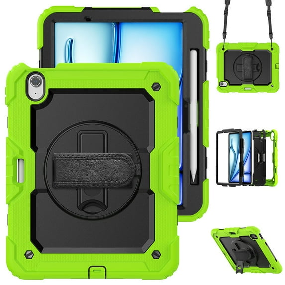 Junayo for iPad Air 11 Inch Case 2024 M2 (6th Gen) Heavy Duty Shockproof Protective Case with Screen Protector Stand and Hand Strap Shoulder Strap