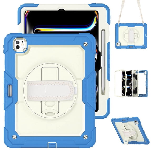 Junayo for iPad Pro 13 inch Case 2024 M4 Heavy Duty Shockproof Protective Case with Screen Protector Stand and Hand Strap Shoulder Strap Beige Series