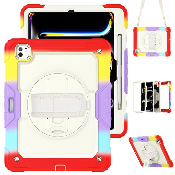 Junayo for iPad Pro 13 inch Case 2024 M4 Heavy Duty Shockproof Protective Case with Screen Protector Stand and Hand Strap Shoulder Strap Beige Series