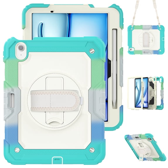 Junayo for iPad Air 11 Inch Case 2024 M2 (6th Gen) Heavy Duty Shockproof Protective Case with Screen Protector Stand and Hand Strap Shoulder Strap Beige Series
