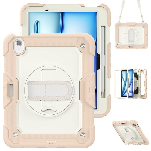 Junayo for iPad Air 11 Inch Case 2024 M2 (6th Gen) Heavy Duty Shockproof Protective Case with Screen Protector Stand and Hand Strap Shoulder Strap Beige Series