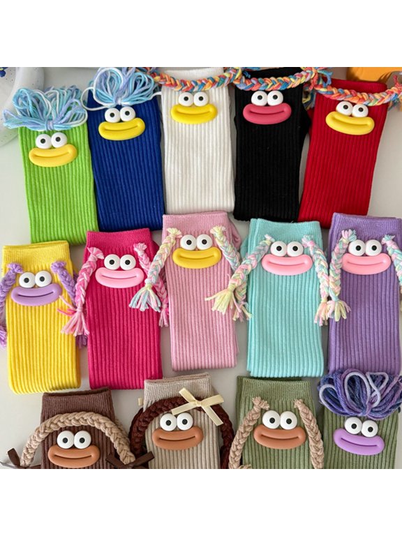 Girls Long Knit Socks Fun - Colorful Big Mouth Braid Design Socks, Cute Mid-Calf Novelty Socks for School Play Party, Soft Cotton Gift ,Light Green One Size