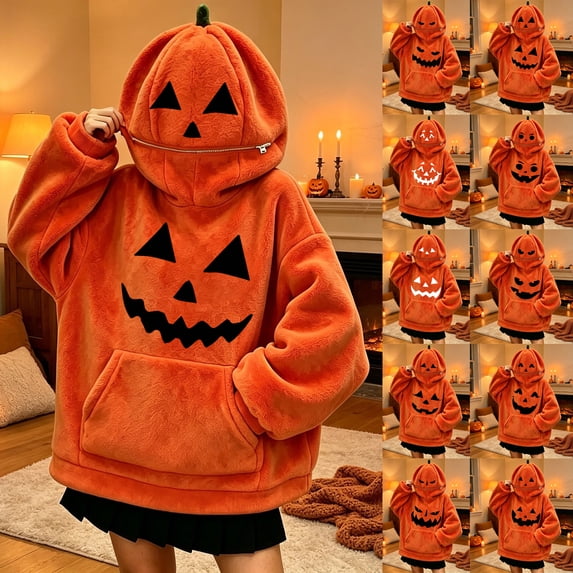 Junboys Halloween Head Plush Pumpkin Hoodie - Retro Long Sleeve Sweatshirt Costume Cosplay for Men and Women, Comfy Loungewear Funny Shirt & Halloween Gift,Saffron L