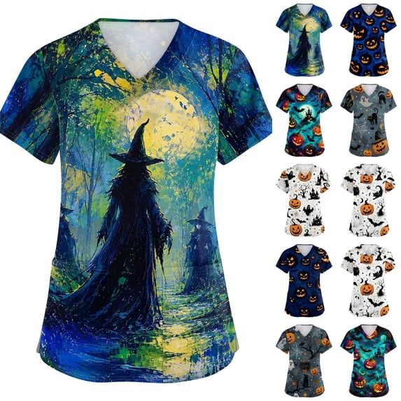 Junboys Halloween Women's Scrub Top - Short Sleeve V-Neck with Side Slits and Pockets, Professional Scrubs for Women, Funny Halloween Shirt, Cozy Fit Scrub Tops,Earthy Yellow 3XL