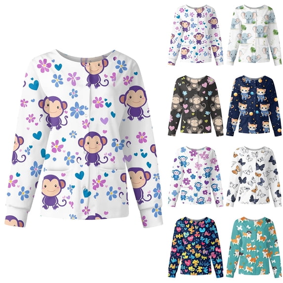 Junboys Scrubs for Women Long Jacket - Novelty Animal Print Open Front Jacket, Comfortable Womens Scrubs, Cozy Fit Scrub Top for Medical Staff,White XL