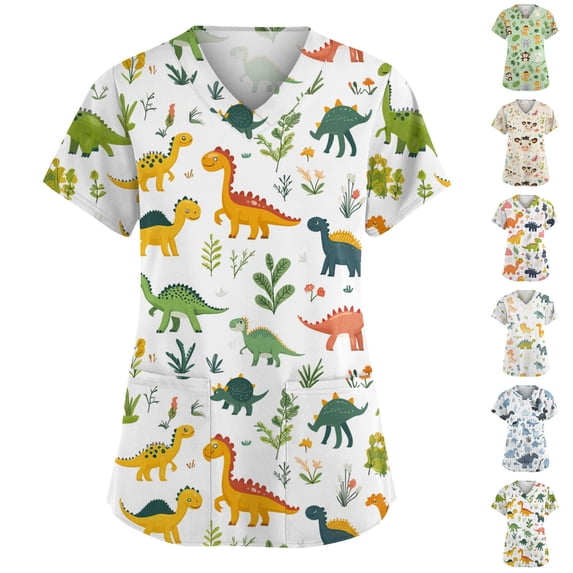 Junboys Scrubs for Women Short Sleeve - V-Neck Cute Cartoon Print Pocket Top, Womens Scrub Tops, Cozy Fit Scrubs for Nurses, Lightweight,Light Blue 4XL