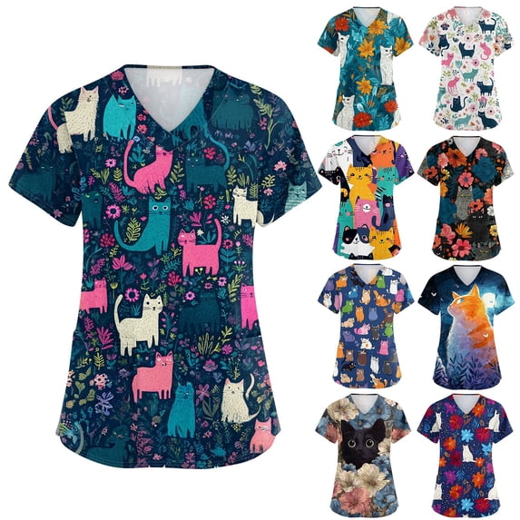 Junboys Scrubs for Women Short Sleeve - V-Neck Print Top with Side Slits, Womens Scrub Tops with Pockets, Cozy Fit Scrubs for Medical Staff,Turquoise L