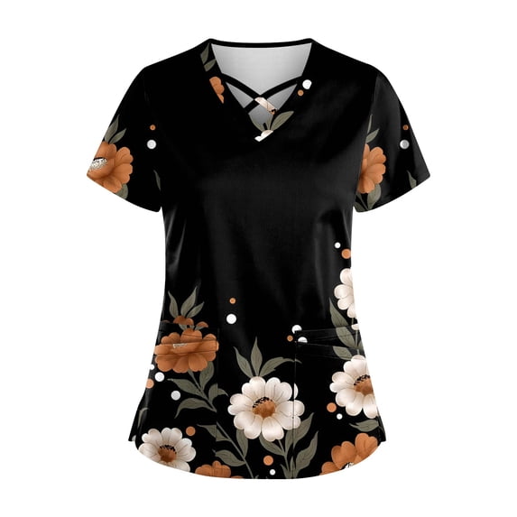 Junboys Scrubs for Women Short Sleeve - Plus Size Cross V-Neck Floral Top, Womens Scrub Tops with Pockets, Cozy Fit Scrubs for Curvy,Dark Gray M