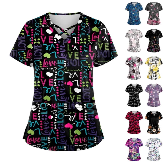 Junboys Scrubs for Women Short Sleeve - Plus Size Cross V-Neck Floral Top, Womens Scrub Tops with Pockets, Cozy Fit Scrubs for Curvy,Gray S