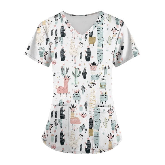 Junboys Scrubs for Women Short Sleeve - Plus Size V-Neck Animal Print Top, Womens Scrub Tops with Pockets, Cozy Fit Scrubs for Curvy,White L