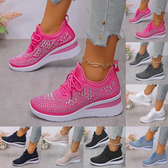 Junboys Women's Bedazzled Low-Top Walking Shoes - Rhinestone Decor Comfort Sneakers for Fashion