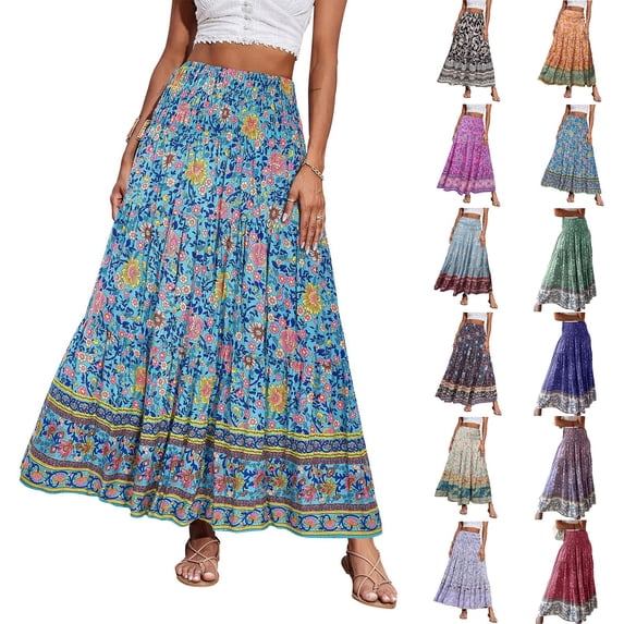 Junboys Women's Boho Tiered Maxi Skirt - High Waist Flowy Long Skirts for Women, Solid Color Summer Skirt for Beach & Daily,Black L