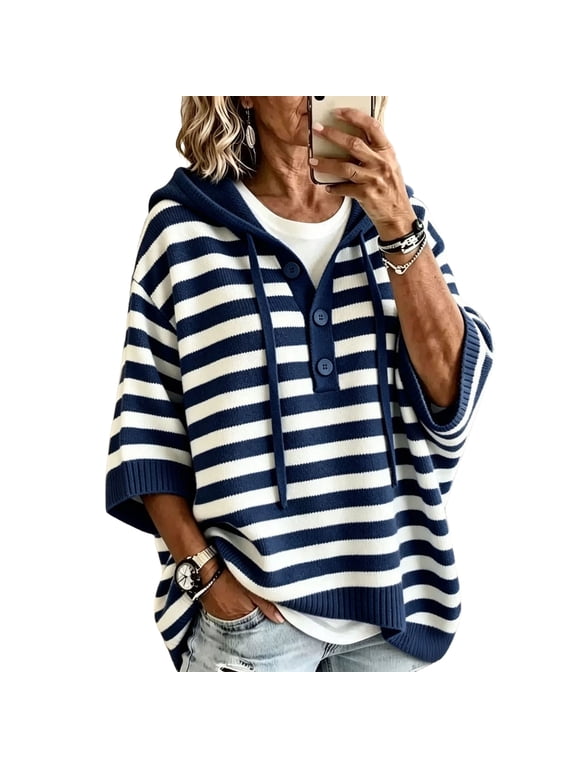 Women's Hooded Knit Sweater Casual - 3/4 Sleeve Striped Drawstring Loose Fit Pullover, Womens Sweatshirt, Sweatshirt, Hoodies, Essentials Hoodie