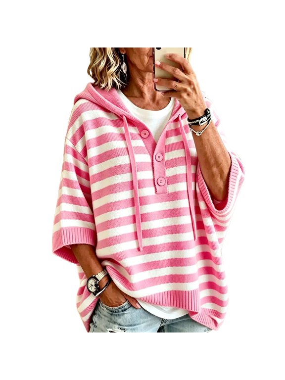 Women's Hooded Knit Sweater Casual - 3/4 Sleeve Striped Drawstring Loose Fit Pullover, Womens Sweatshirt, Sweatshirt, Hoodies, Essentials Hoodie