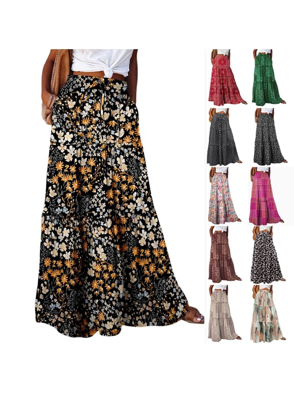 Women's Long Skirts for Women - Boho Floral Print Maxi Skirt with Elastic Waist and Tie, Loose Casual Summer Skirt for Travel,Khaki 2XL