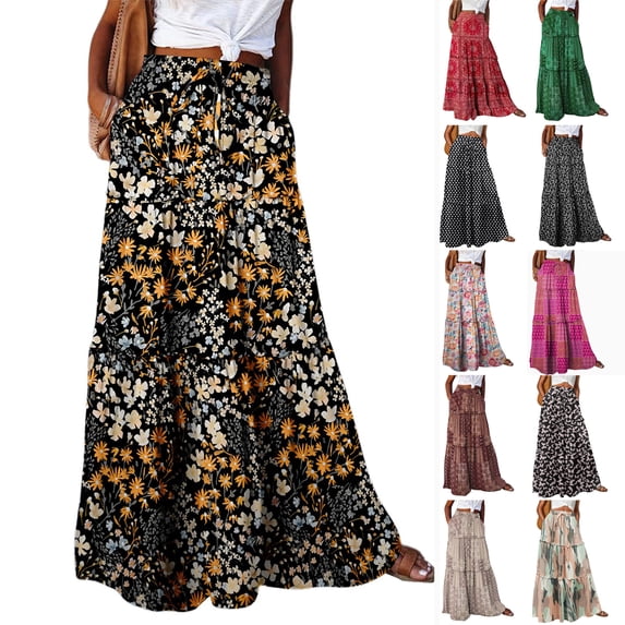 Junboys Women's Long Skirts for Women - Boho Floral Print Maxi Skirt with Elastic Waist and Tie, Loose Casual Summer Skirt for Travel,Khaki L