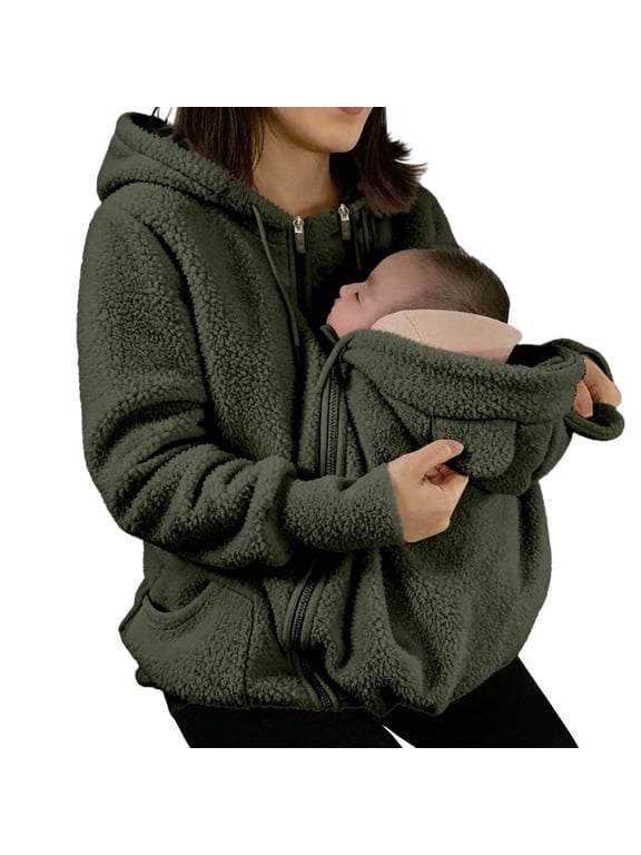 Women's Maternity Zip Up Jacket - Fleece Lined Winter Coat for Pregnant Women with Babywearing Space, Great Fall Outfits and Zip Up Jackets for Women