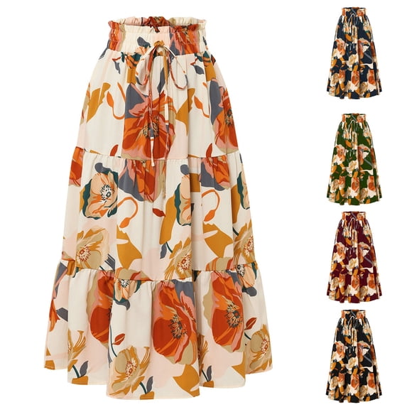 Junboys Women's Maxi Skirt with Floral Print - Pleated Flowy Long Skirts for Women, Tie Waist Elastic Summer Skirt for Travel,Wine S