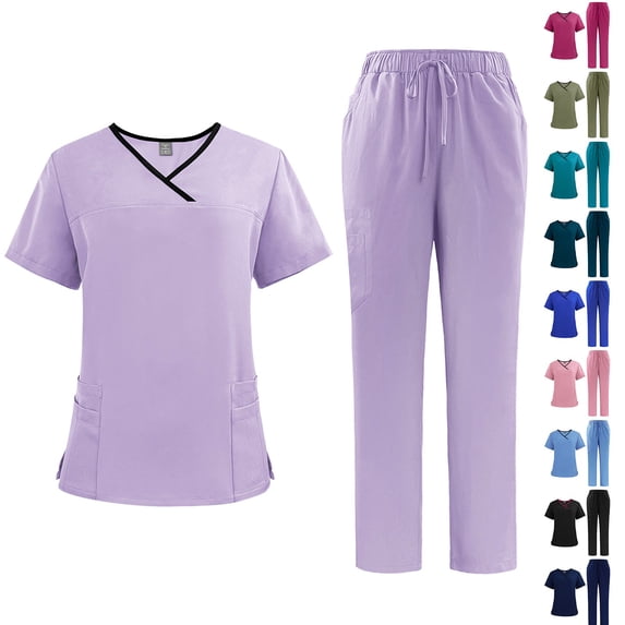 Junboys Women's Scrub Sets with Contrast Trim – V-Neck Short Sleeve Pocket Top and Long Pants, Stylish Black Piping Nurse Uniforms Women,Hot Pink L