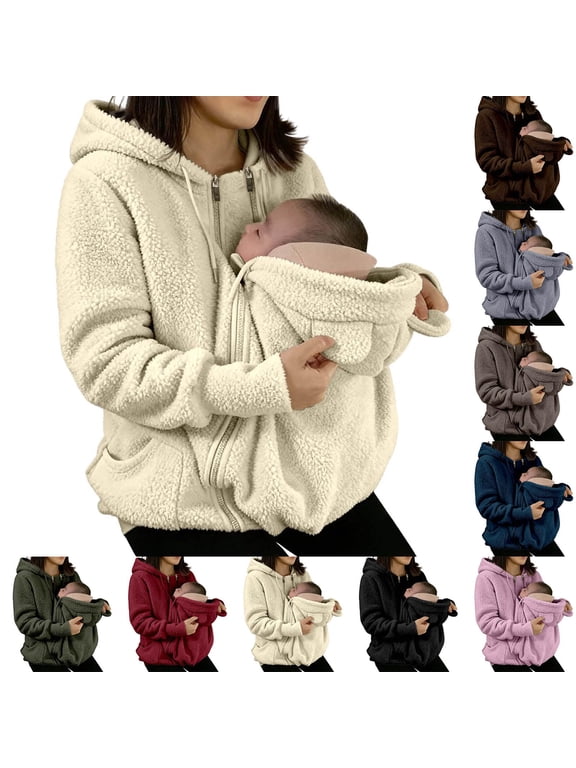 Women's Zip Up Maternity Coat - Soft Sherpa Lined Winter Jacket with Babywearing Design, Great Jackets for Women for Fall Outfits and Warmth