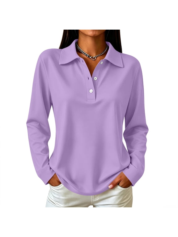 Womens Polo Shirts Long Sleeve - Solid Color Polo Top with Collar and Button Placket, Casual Sporty Style for Active Days, Comfortable Knit Fabric, Great for Everyday Wear,Purple L