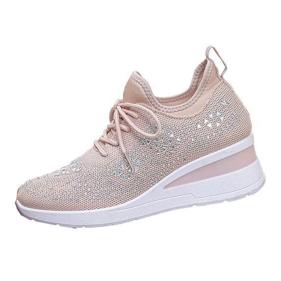 Junboys Womens Rhinestone Lace-Up Casual Shoes - Low-Top Sparkly Tennis Sneakers for Stylish Daily Wear,Pink 42