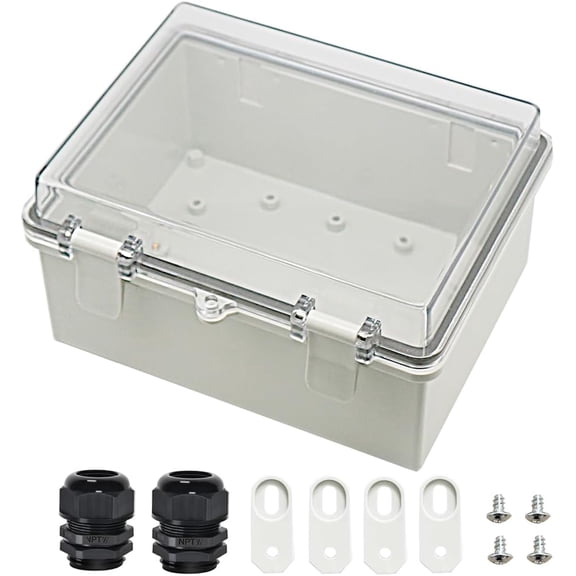 Junction Box ABS Plastic Dustproof Waterproof IP65 Electrical Boxes Hinged Shell Outdoor Universal Project Enclosure Clear Cover with 2 Cable Glands 8.7 x 6.7 x 4.3 inch (220x170x110 mm)