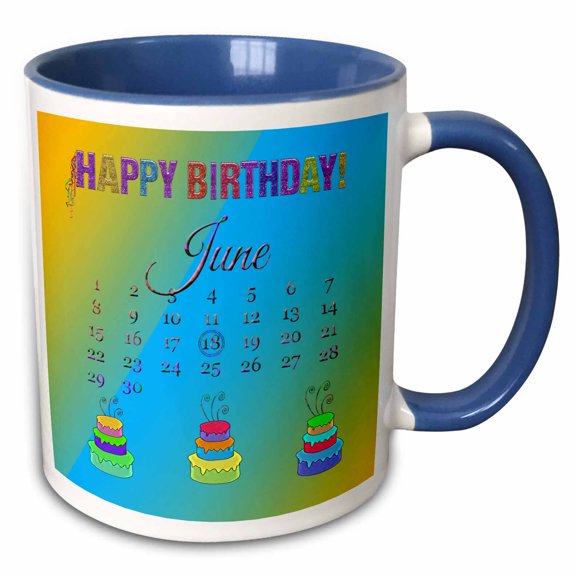 3drose, June 18th, Glitter Look Happy Birthday, Ribbon Streamers, Colorful Cakes, 11oz Two-tone Blue Mug