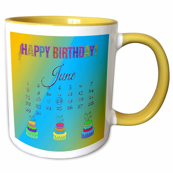 3drose, June 18th, Glitter Look Happy Birthday, Ribbon Streamers, Colorful Cakes, 11oz Two-tone Yellow Mug