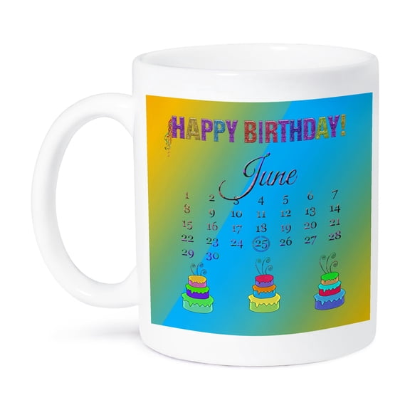 3dRose, June 25th, Glitter Look Happy Birthday, Ribbon Streamers, Colorful Cakes, 15oz Mug